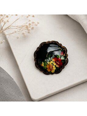 Vintage Handpainted Floral Russian Wooden Brooch Pin Signed Artisan Folk Art